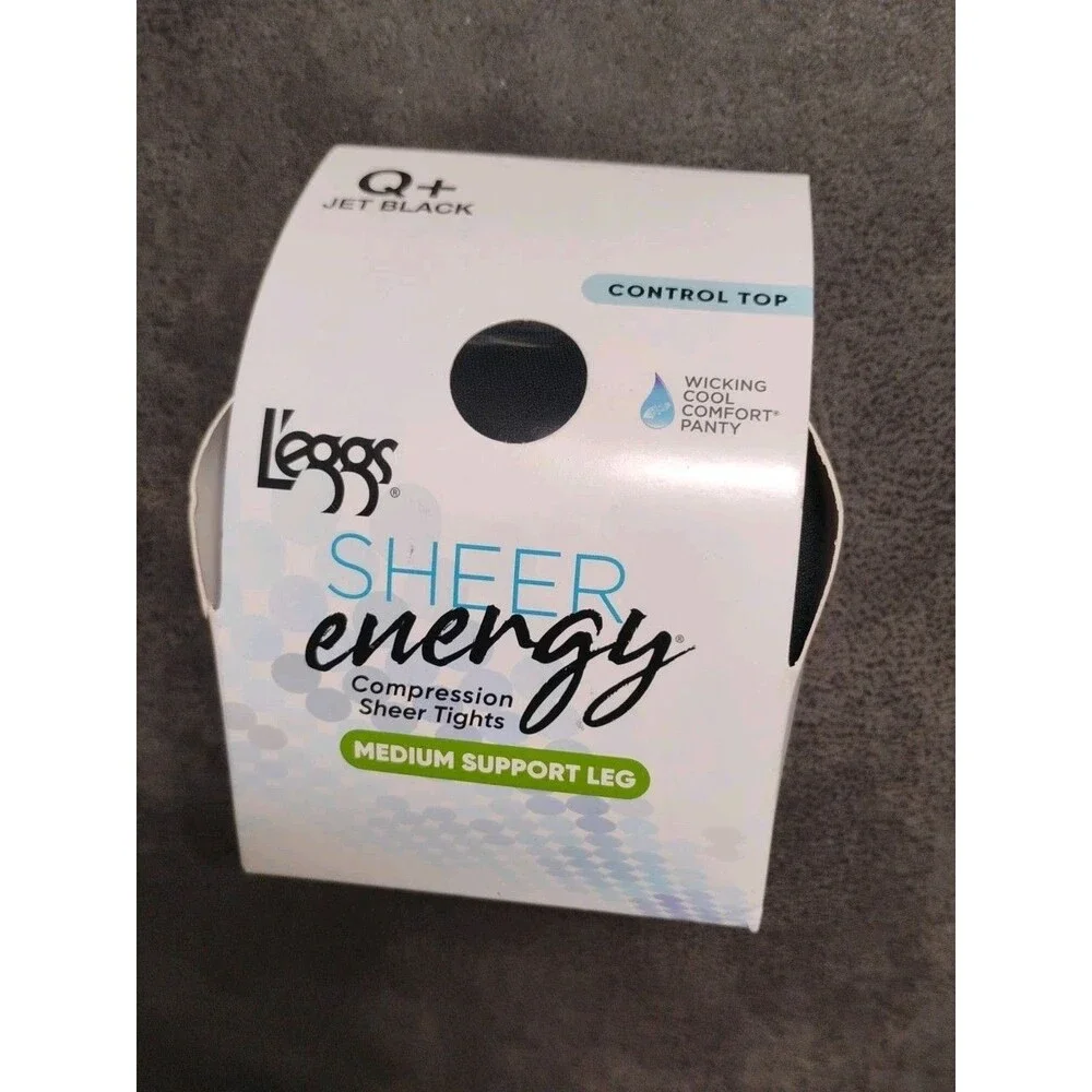 L'eggs XL Sheer Energy Q+ Jet Black Control Top Compression Sheer Tights